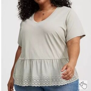 Torrid Women's Plus Size 1X Sage Green V Neck Ruffle Hem Eyelet‎ Cotton Top